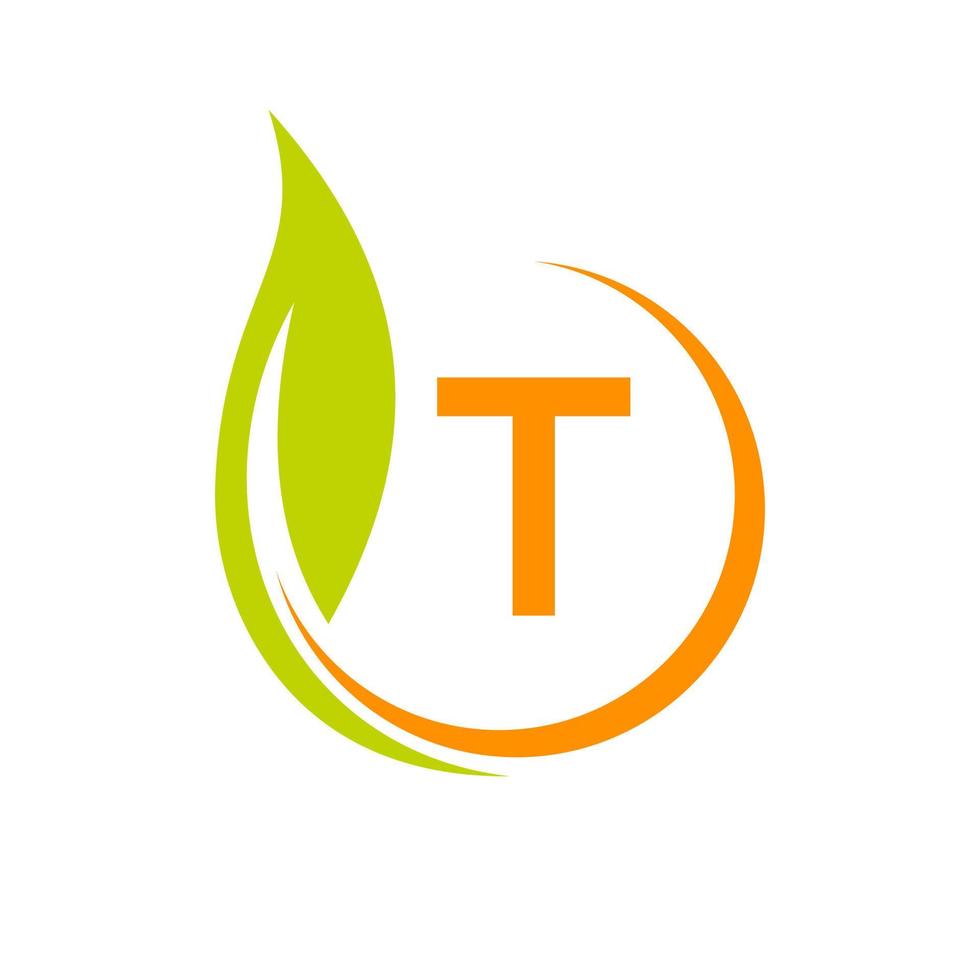 brief t eco logo concept met groen blad icoon vector