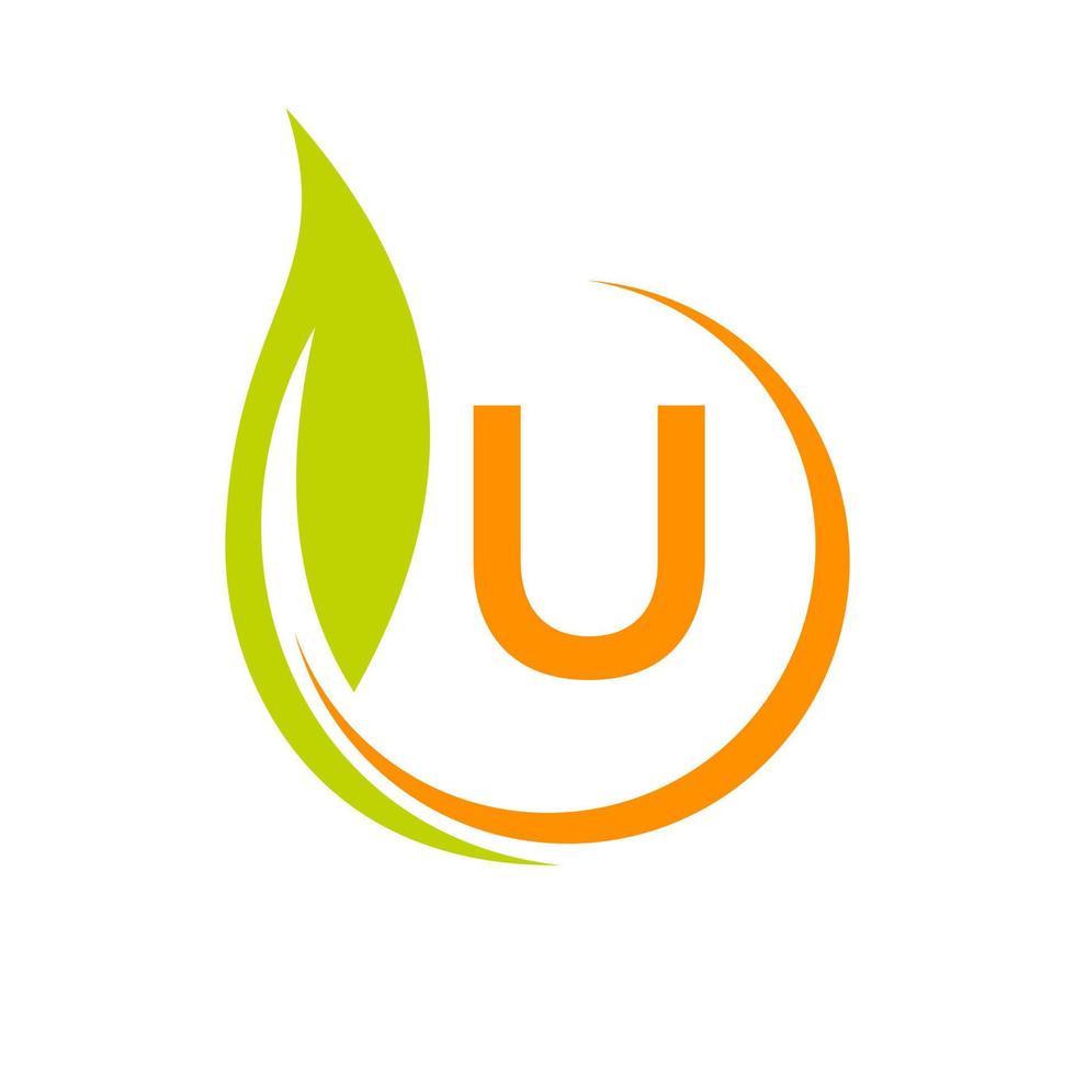 brief u eco logo concept met groen blad icoon vector