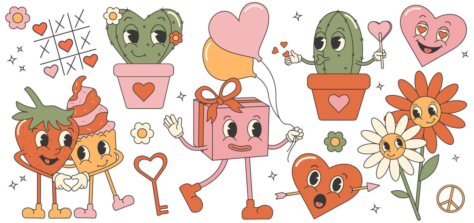 modieus grappig groovy valentijnsdag dag sticker reeks met schattig karakters. retro valentijnsdag dag. jaren 70 Jaren 60 esthetiek. vector
