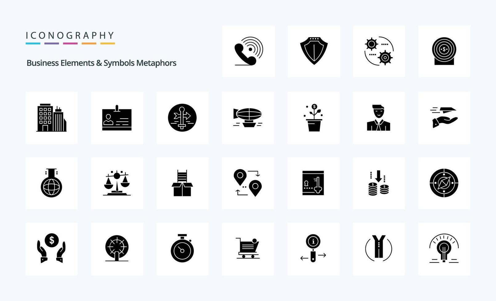 25 bedrijf elementen en symbolen metaforen solide glyph icoon pak vector