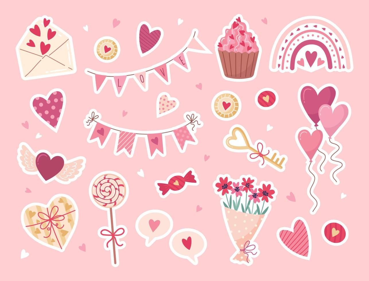 Valentijnsdag dag stickers set. geschenk, hart, ballon, bloemen, boho regenboog, koekje, boeket, snoep, en anderen voor decoratief elementen. vlak tekenfilm stijl. vector illustratie.