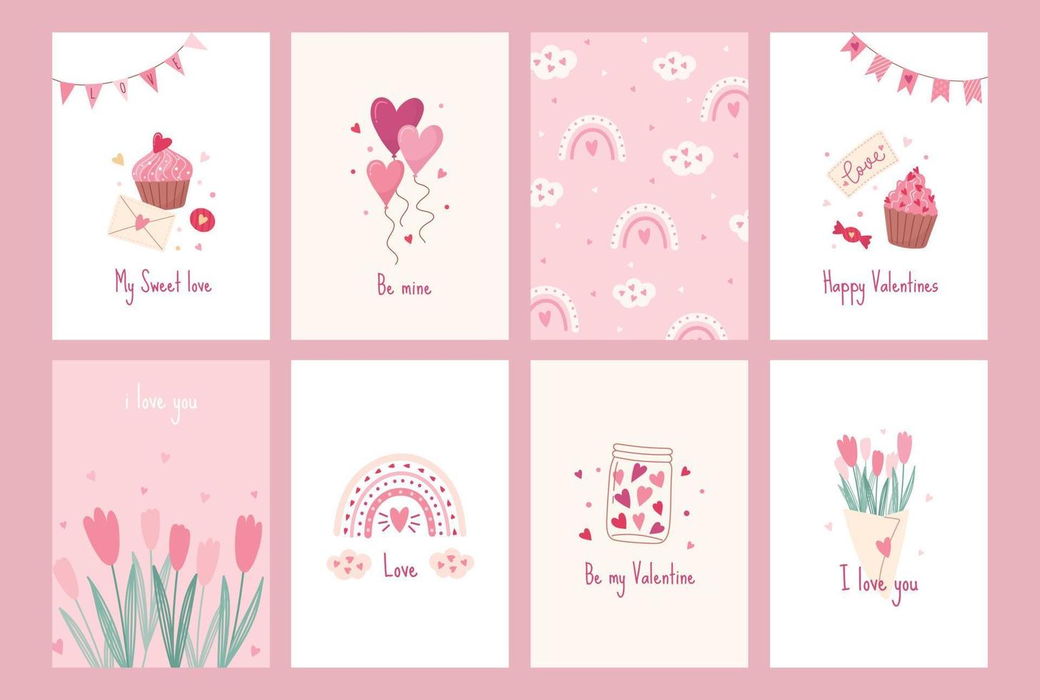 reeks van groet kaarten voor Valentijnsdag dag. liefde concept. vector schattig pastel illustraties met feestelijk decoratief elementen, harten, envelop, snoepgoed en inscripties.