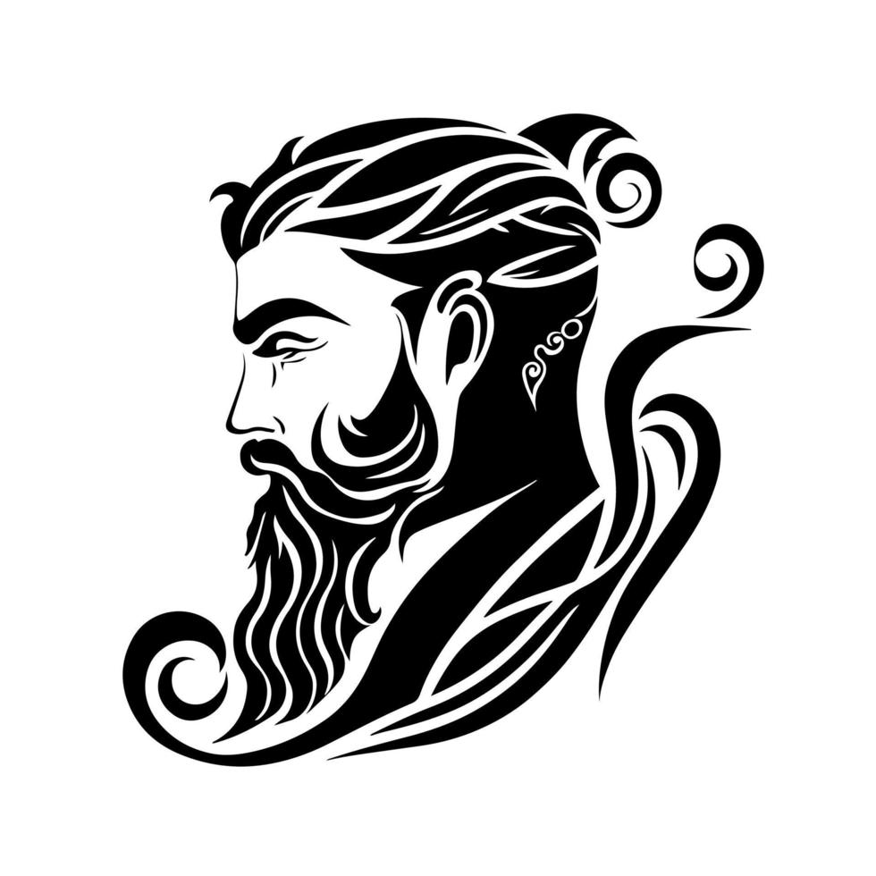 sier, robuust Mens met elegant haar, baard en snor. decoratief illustratie voor kapperszaak logo, embleem, tatoeëren, borduurwerk, laser snijden. vector