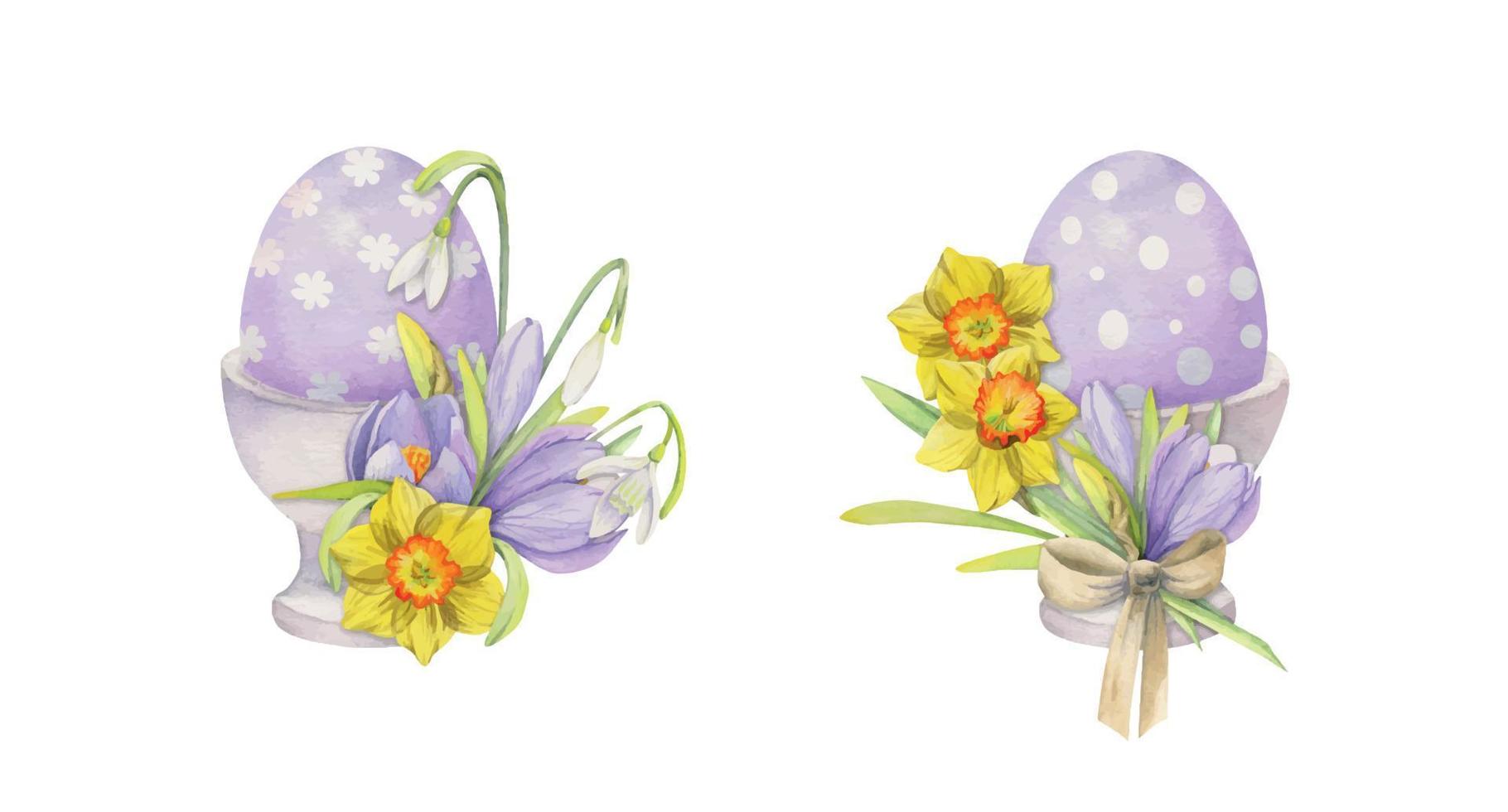 waterverf hand- getrokken Pasen viering clip art. geschilderd eieren in porselein cups met bladeren, bloemen, pastel kleur geïsoleerd Aan wit achtergrond. voor uitnodigingen, geschenken, groet kaarten, afdrukken, textiel vector