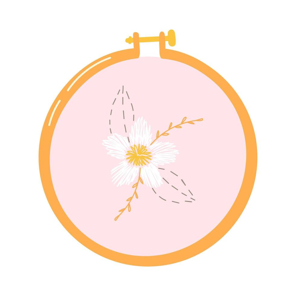 borduurwerk hoepel met gestikt bloem ornament. vector hand- getrokken illustratie. geïsoleerd Aan wit.