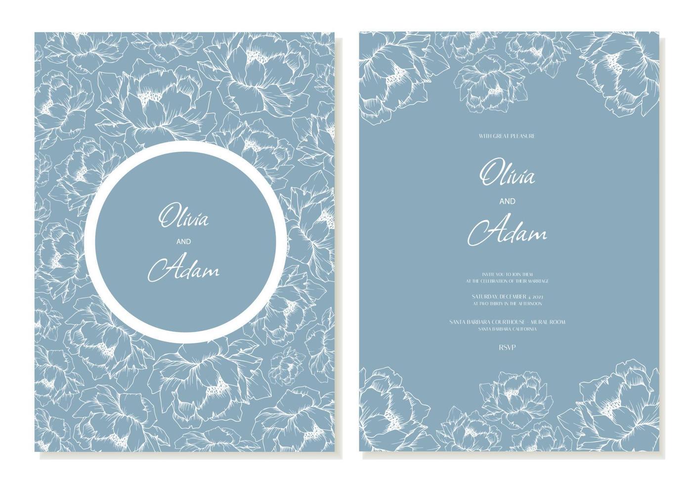 bruiloft uitnodiging sjabloon met pioen bloemen in schets Aan een zacht blauw achtergrond. RSVP kaart ontwerp sjabloon. vector. vector