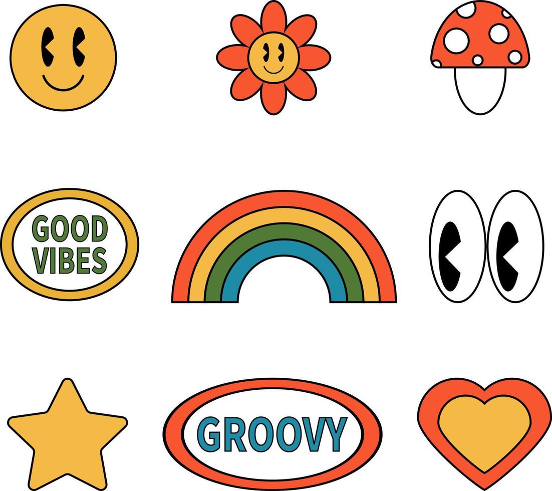 retro jaren 70 hippie groovy stickers, vector. vector