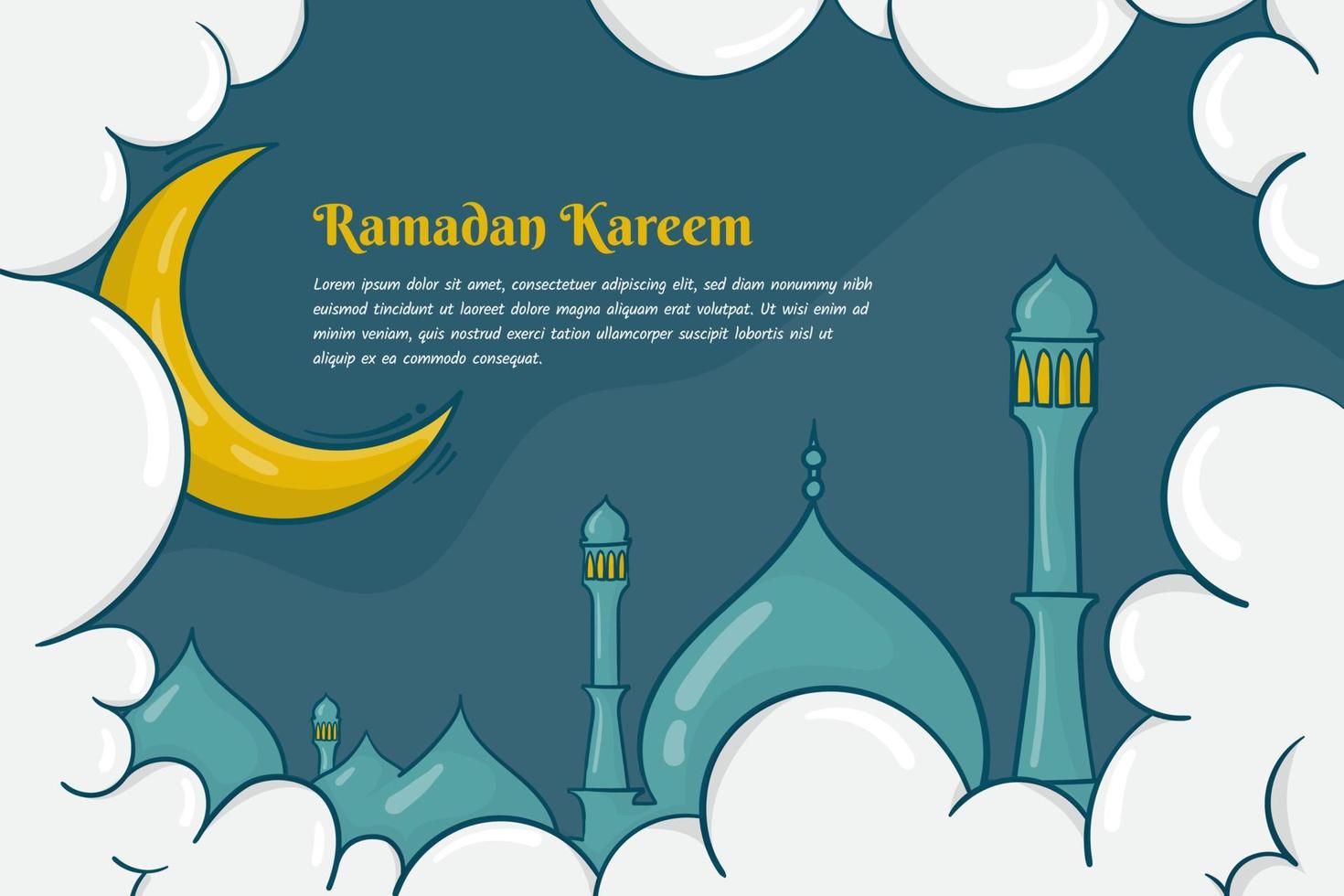 Ramadan kareem met wolk en moskee achtergrond in hand- getrokken concept ontwerp vector