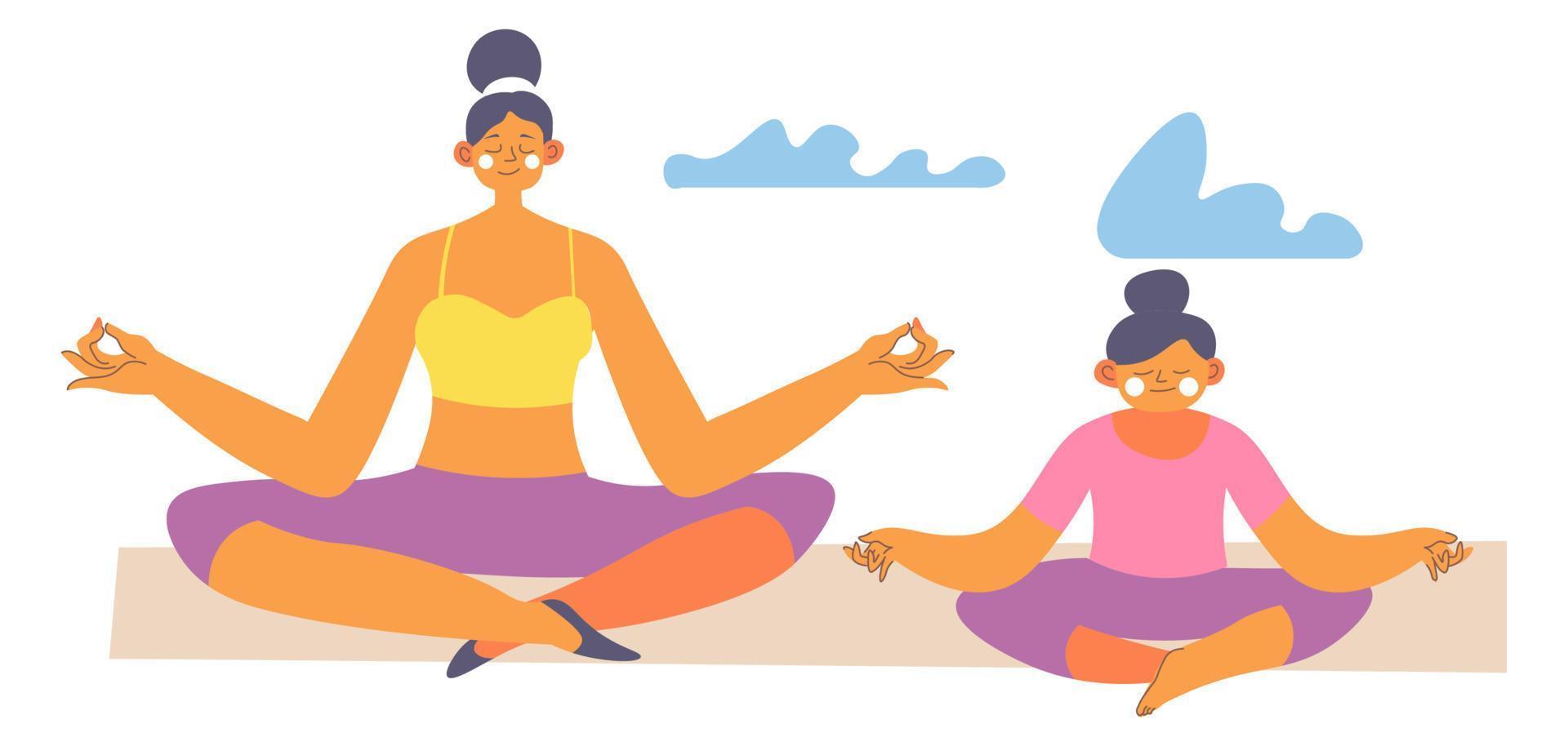 moeder en dochter mediteren aan het doen yoga asana vector