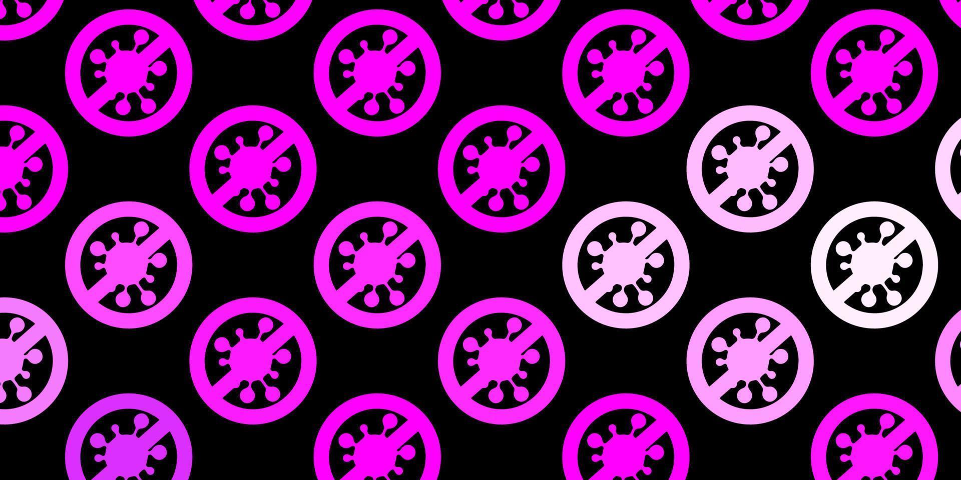 donkerpaarse, roze vectorachtergrond met covid-19 symbolen. vector