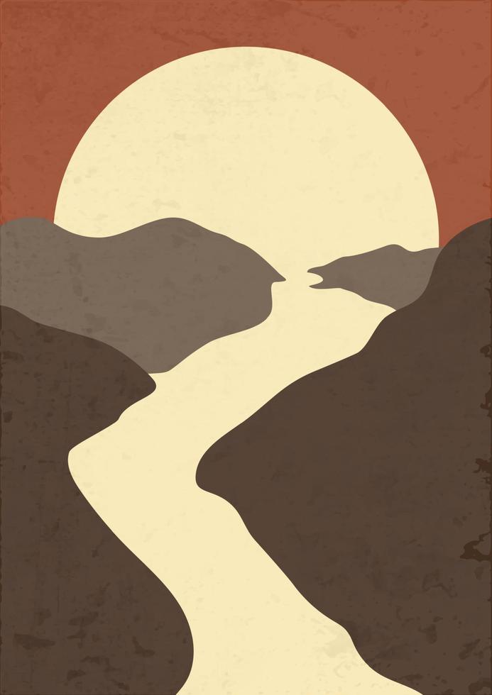 terracota boho berg landschap poster illustratie. modern boho achtergrond met zon en bergen, minimalistische muur decor. vector a4 kunst afdrukken
