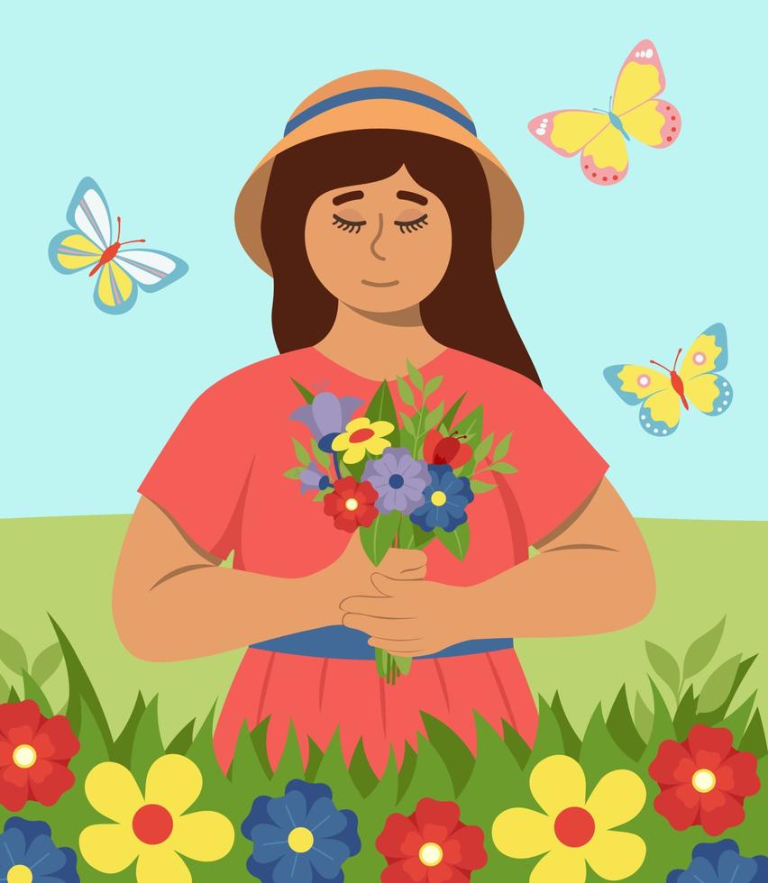 voorjaar portret van meisje met boeket met kleurrijk bloemen vector illustratie in vlak stijl
