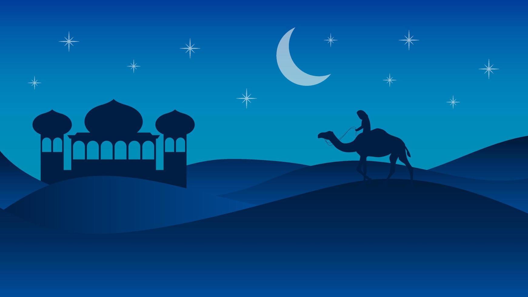 horizontaal woestijn poster Bij nacht met moskee en kamelen in de achtergrond. isra mi'raj poster vector