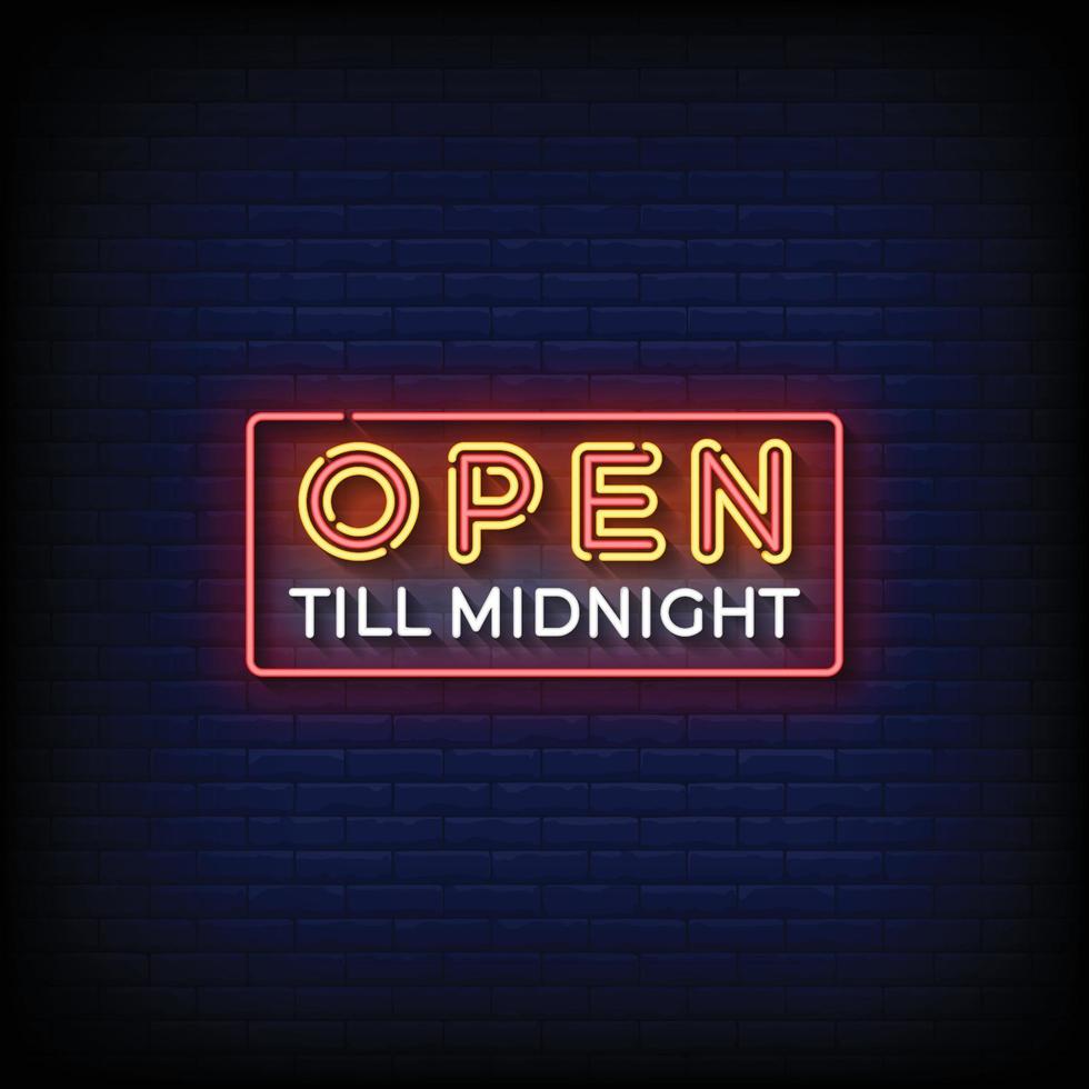 neon teken Open tot middernacht met steen muur achtergrond vector illustratie