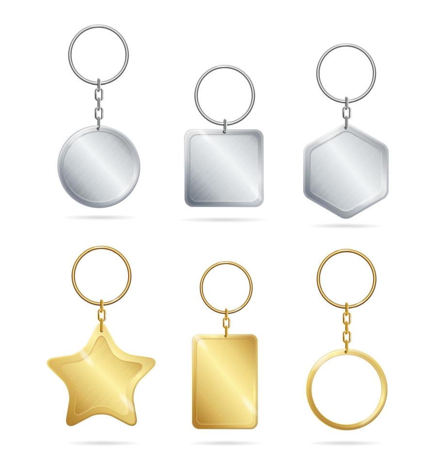 realistisch gedetailleerd 3d leeg sjabloon glimmend gouden en zilver metaal sleutelhangers set. vector
