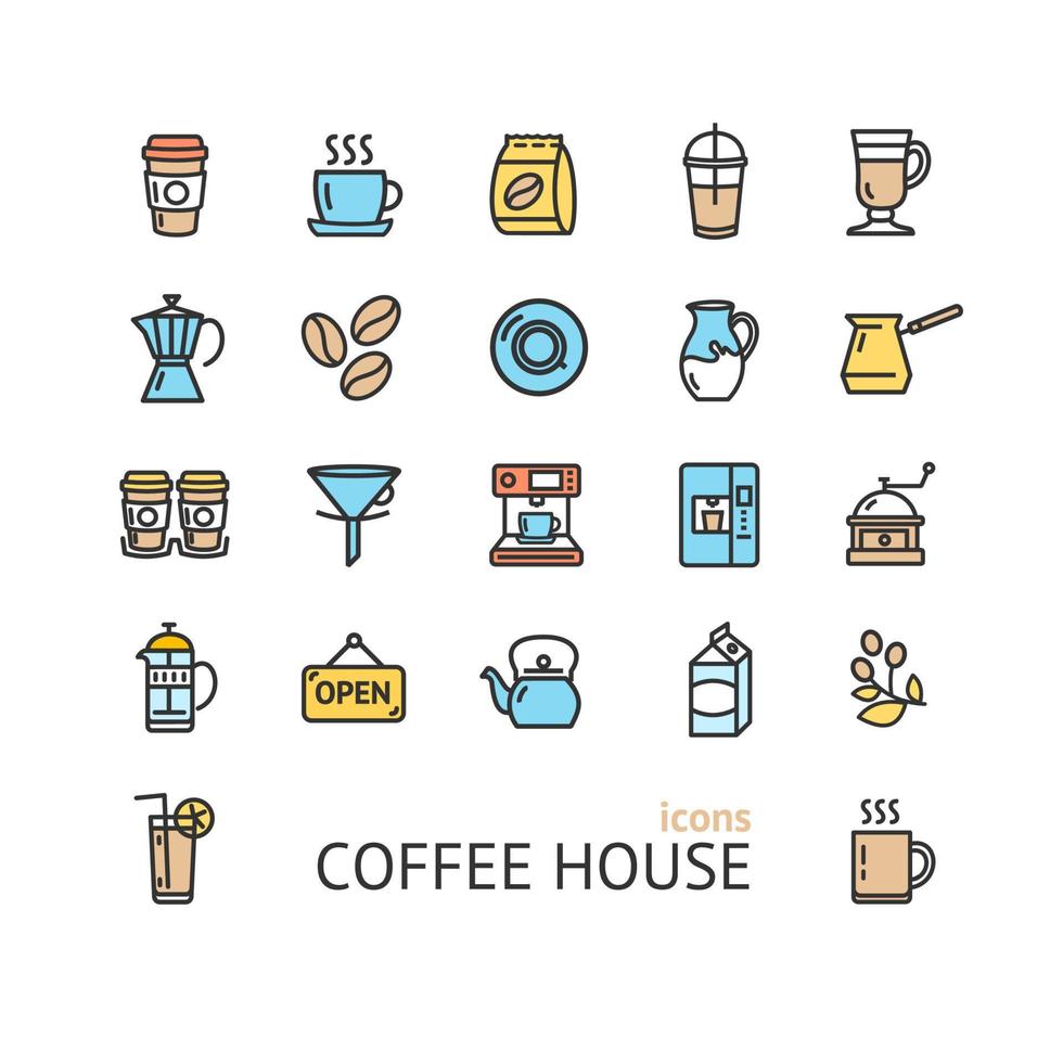 koffie huis teken kleur dun lijn icoon set. vector