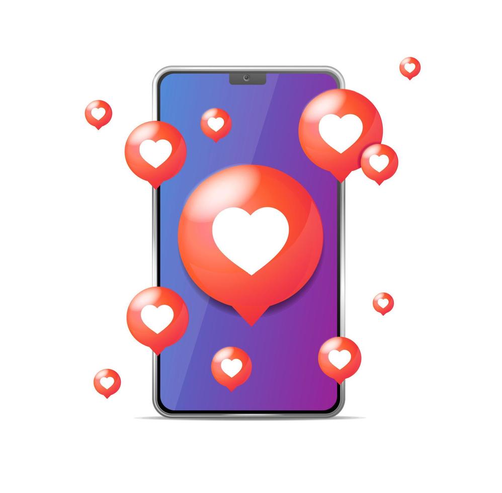 realistisch gedetailleerd 3d mobiel telefoon met Leuk vinden rood bubbel hart vorm geven aan. vector