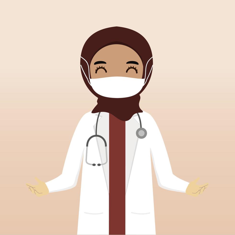 voorkant visie moslim hijab dokter karakter. dokter karakter creatie met keer bekeken, gezicht emotie, houding, gebaar en masker. tekenfilm stijl, vlak vector illustratie. vrouw dokter met masker