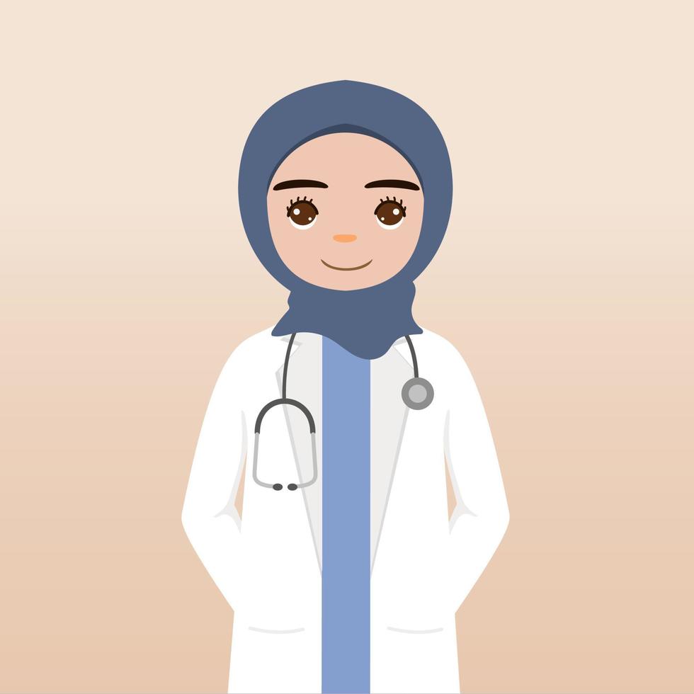 voorkant visie hijab dokter karakter. dokter karakter creatie gezicht emoties, houding en gebaar. tekenfilm stijl, vlak vector illustratie.vrouwelijk hijab dokter vinger richten omhoog, Holding klembord.