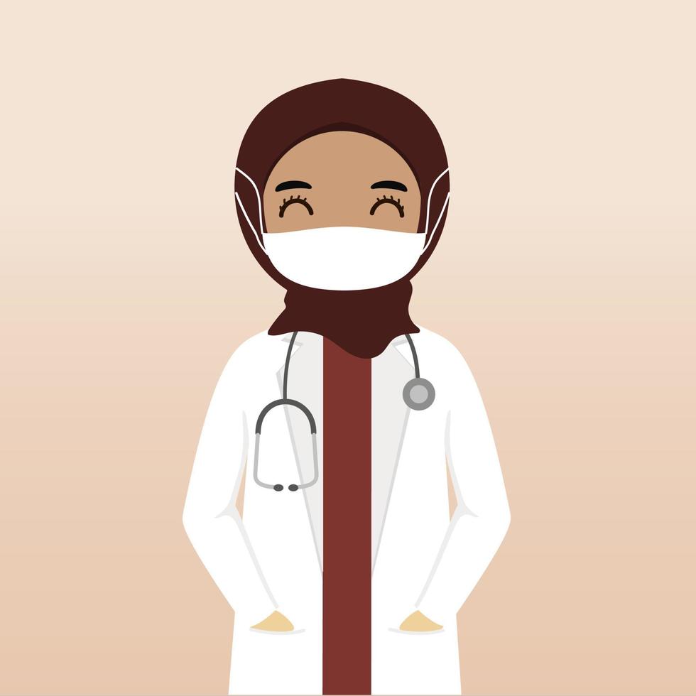 voorkant visie moslim hijab dokter karakter. dokter karakter creatie met keer bekeken, gezicht emotie, houding, gebaar en masker. tekenfilm stijl, vlak vector illustratie. vrouw dokter met masker