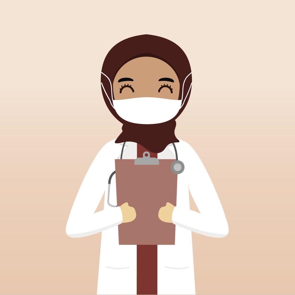 voorkant visie moslim hijab dokter karakter. dokter karakter creatie met keer bekeken, gezicht emotie, houding, gebaar en masker. tekenfilm stijl, vlak vector illustratie. vrouw dokter met masker