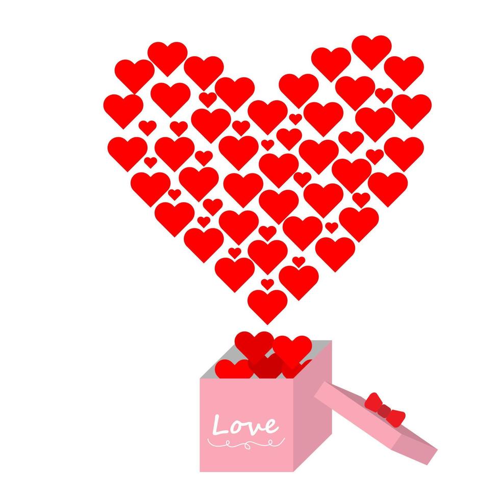 Open geschenk doos met een veel van harten in een hart vorm met liefde tekst. vector