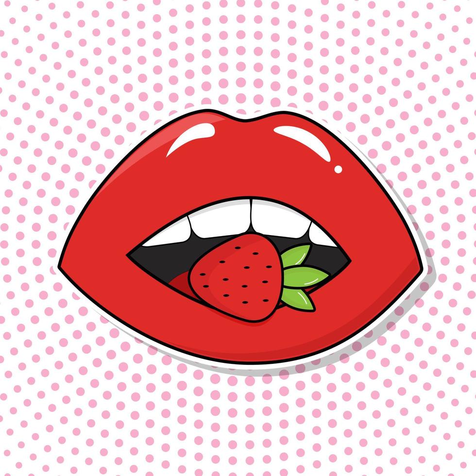 wijnoogst poster met lippen Holding een aardbei. knal kunst stijl vector