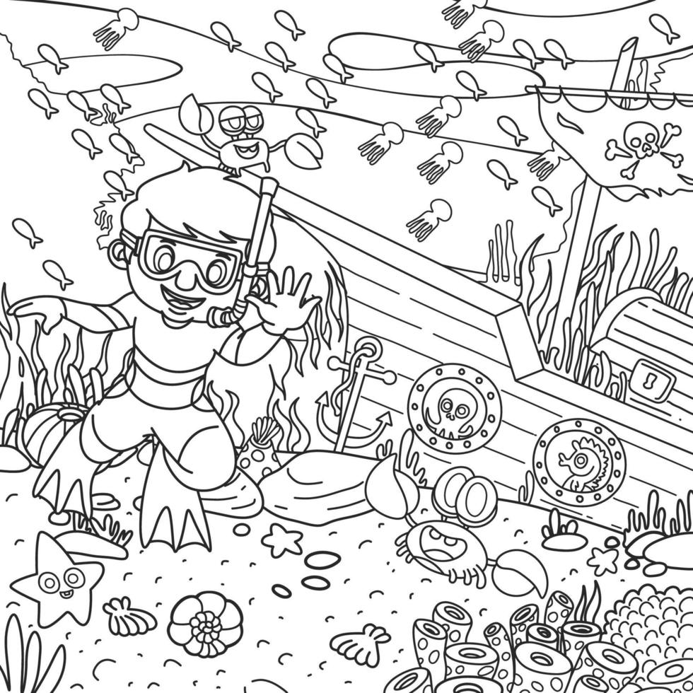 kleur boek kinderen illustratie van een kind duiker met marinier leven vector