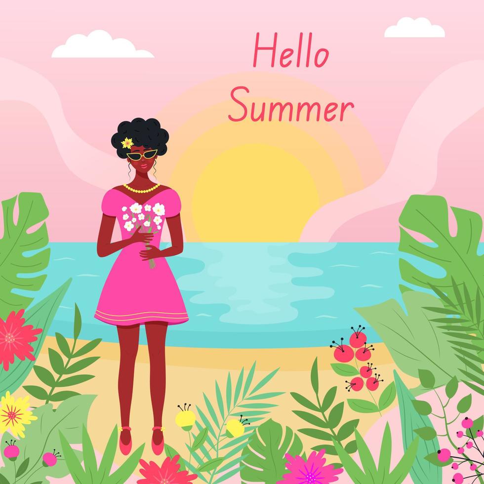 zomer landschap en Afrikaanse meisje met een boeket van bloemen. tropisch planten en zonsondergang Aan de zee. Hallo zomer tekst. vector