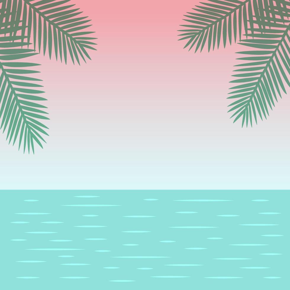 zeegezicht met palm bladeren. paradijs natuur vakantie. tekenfilm landschap achtergrond. vector