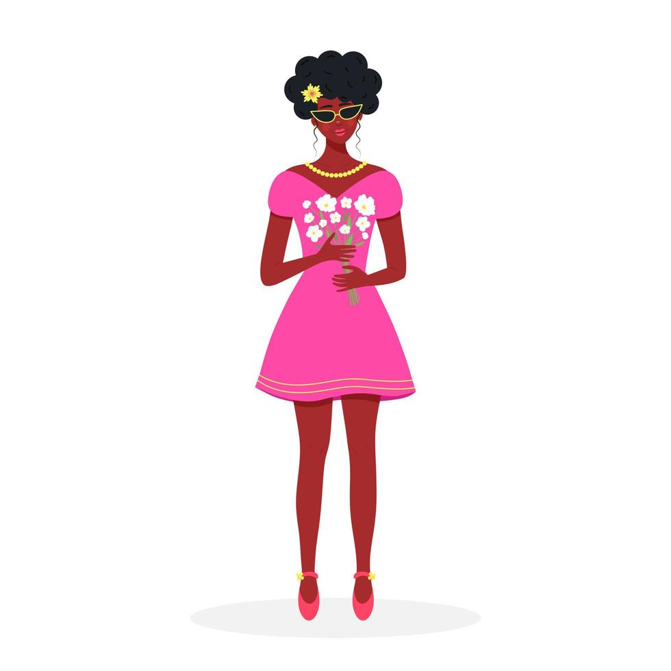 mooi Afrikaanse meisje met een boeket van bloemen. zwart meisje in een schattig jurk en bril geïsoleerd Aan wit achtergrond. vector