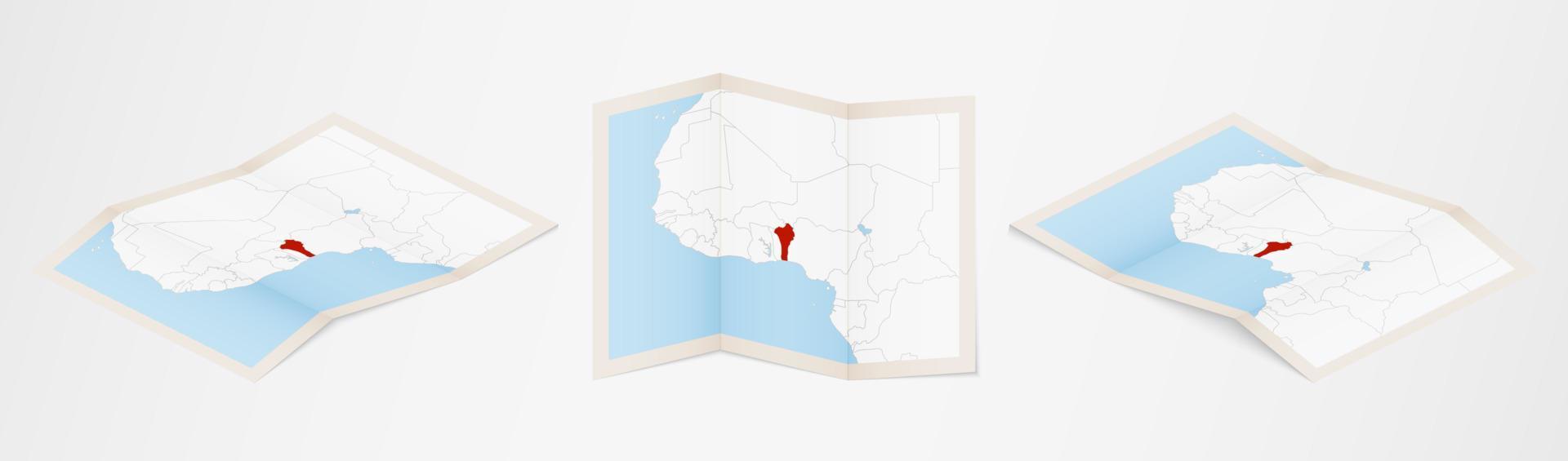 gevouwen kaart van Benin in drie verschillend versies. vector
