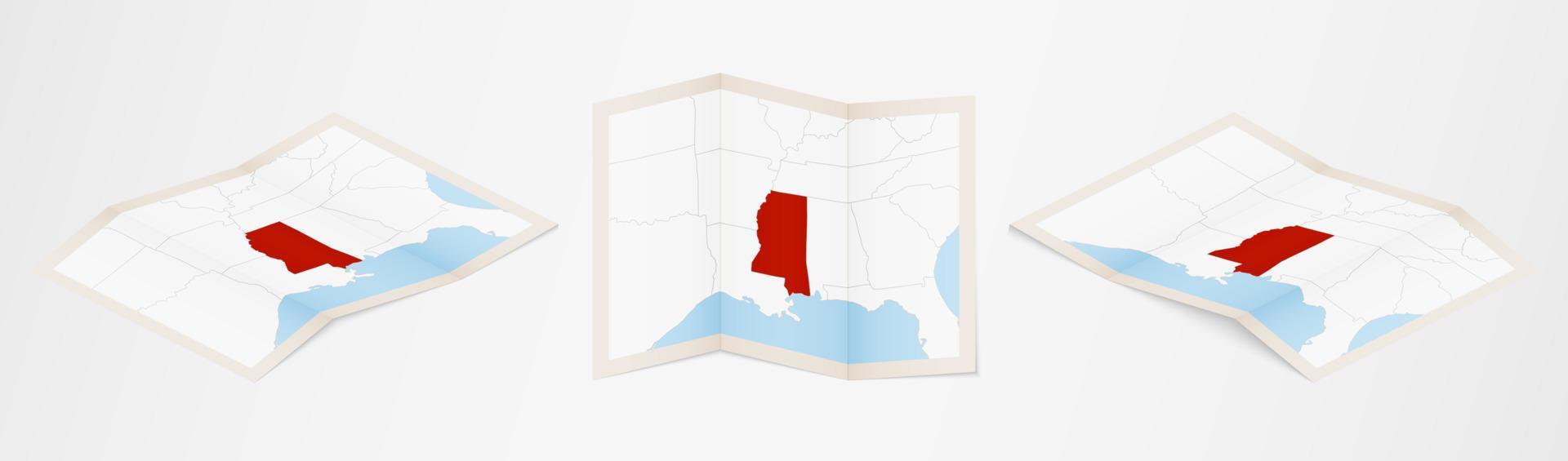 gevouwen kaart van Mississippi in drie verschillend versies. vector