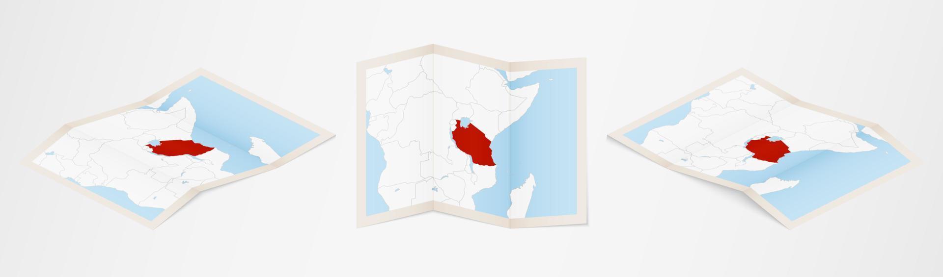 gevouwen kaart van Tanzania in drie verschillend versies. vector