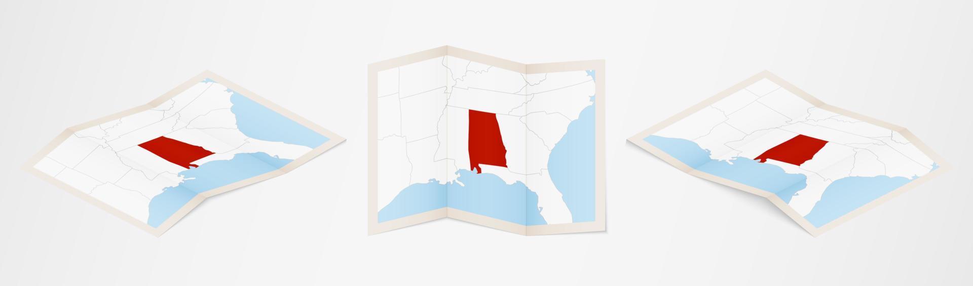 gevouwen kaart van Alabama in drie verschillend versies. vector