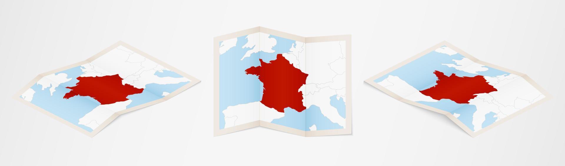 gevouwen kaart van Frankrijk in drie verschillend versies. vector