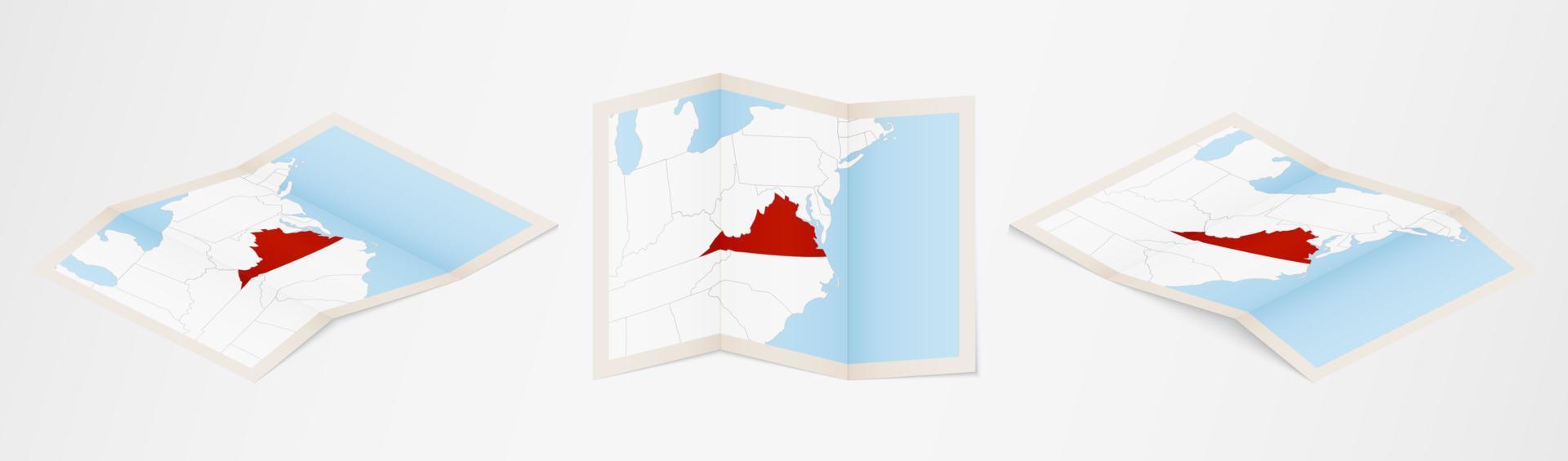 gevouwen kaart van Virginia in drie verschillend versies. vector