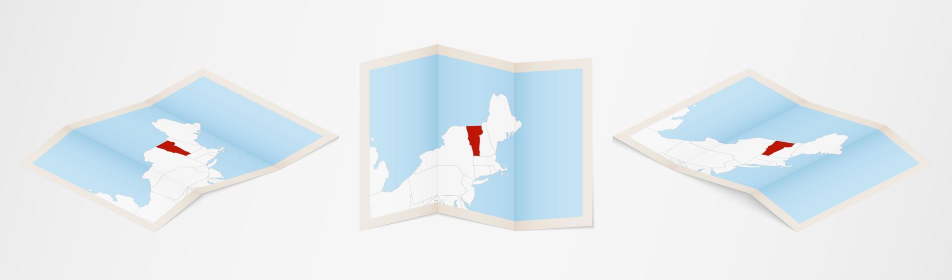 gevouwen kaart van Vermont in drie verschillend versies. vector