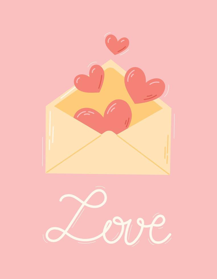 Open envelop met harten en belettering liefde. vector ansichtkaart of banier voor valentijnsdag dag.