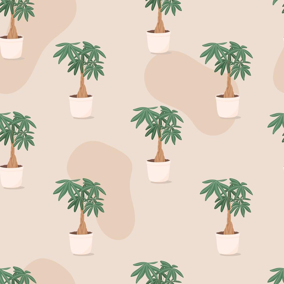 vector trendy illustratie naadloze patroon van huis plant in een pot. geldbonsai of pachira aquatica. houten stam en grote groene bladeren. voorwerp voor decoratie.