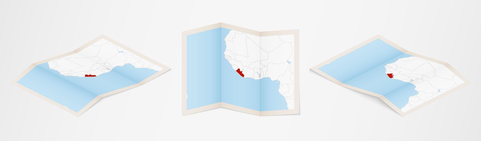 gevouwen kaart van Liberia in drie verschillend versies. vector