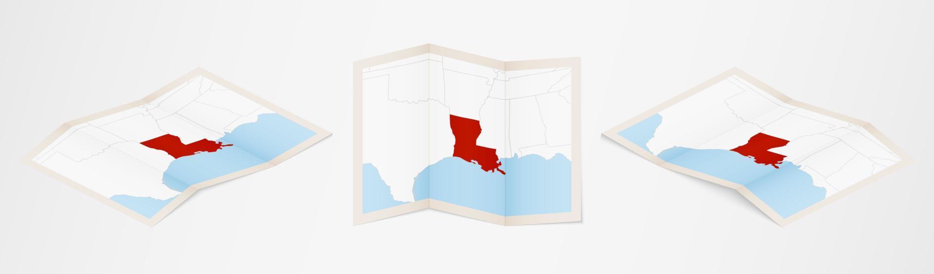 gevouwen kaart van Louisiana in drie verschillend versies. vector
