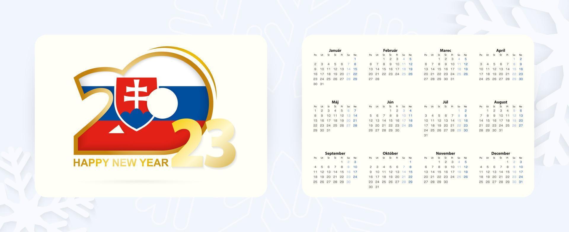 horizontaal zak- kalender 2023 in Slowaaks taal. nieuw jaar 2023 icoon met vlag van Slowakije. vector