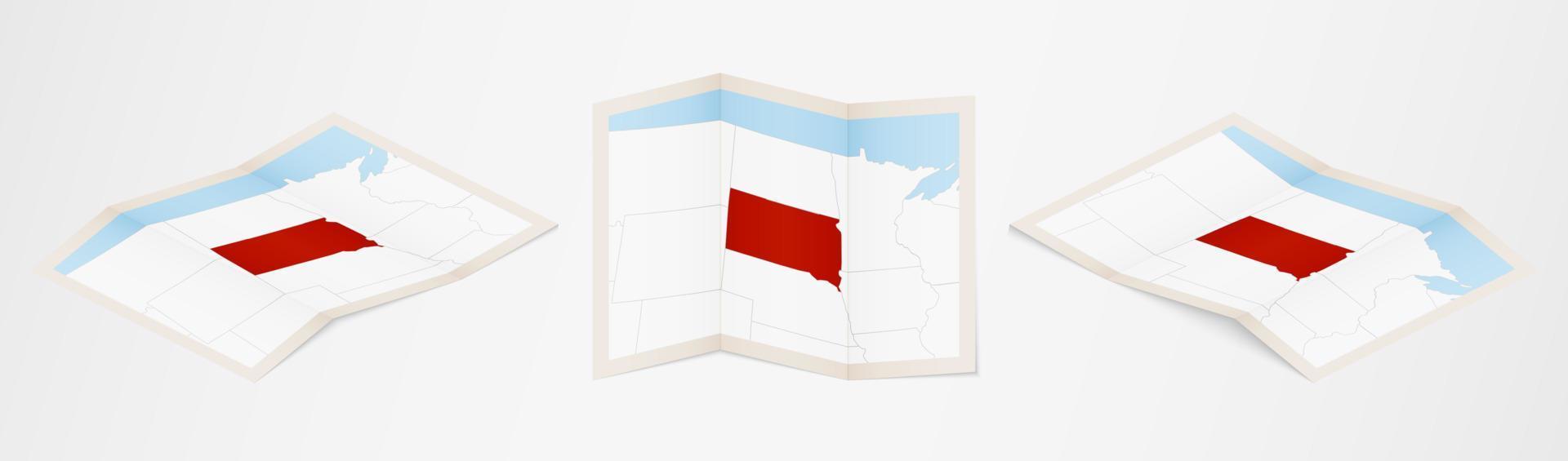 gevouwen kaart van zuiden dakota in drie verschillend versies. vector