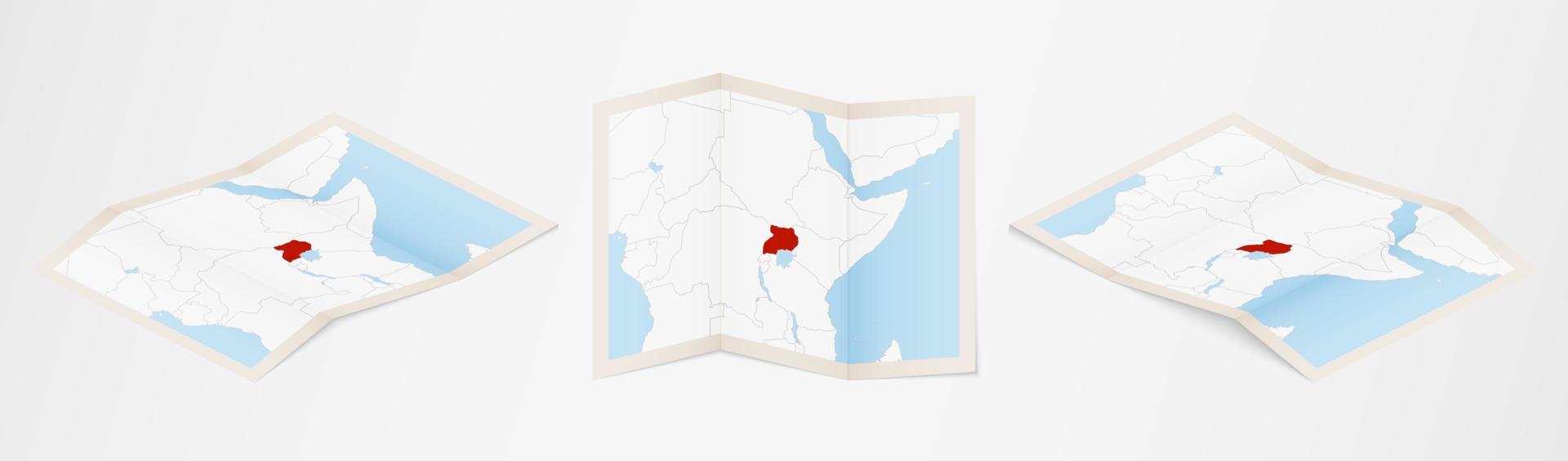 gevouwen kaart van Oeganda in drie verschillend versies. vector