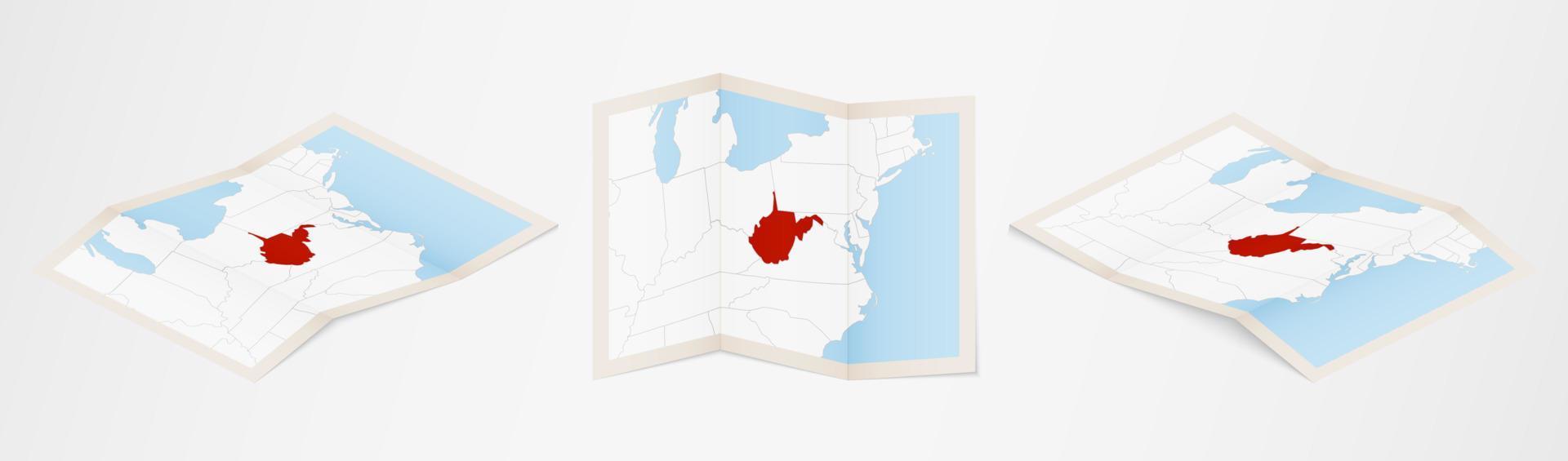 gevouwen kaart van west Virginia in drie verschillend versies. vector