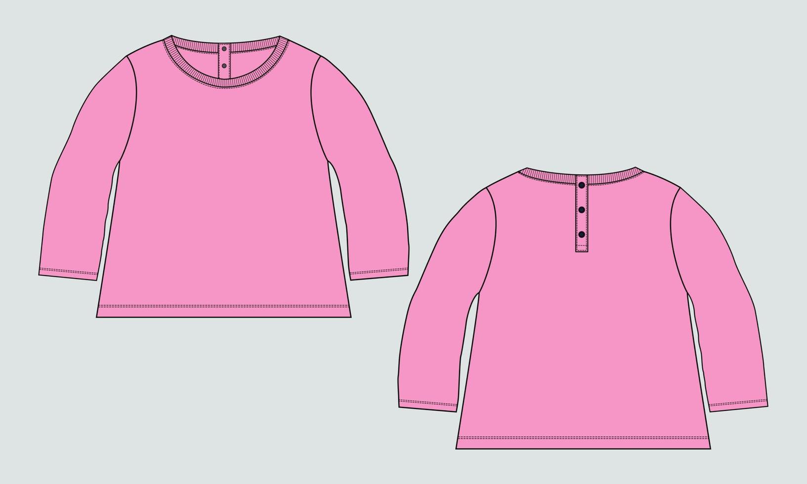 lang mouw met ronde nek, t- overhemd tops jurk ontwerp voor kinderen en Dames. technisch mode vlak schetsen kleding vector illustratie sjabloon voorkant en terug keer bekeken