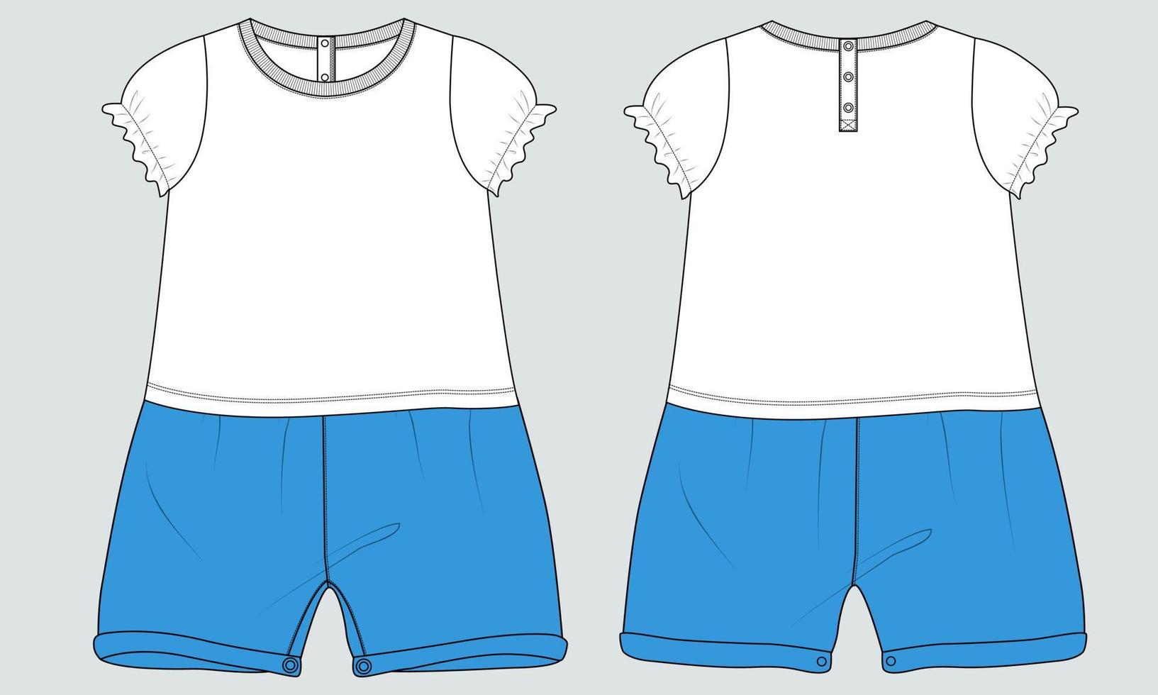 t-shirt tops en shorts jurk ontwerp technisch mode vlak schetsen vector illustratie sjabloon voor kinderen.