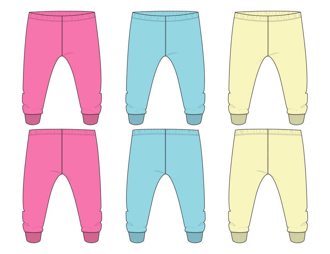 meerkleurige set collectie basic sweatpants technische mode platte schetssjabloon voor- en achteraanzichten. kleding fleece katoenen joggingbroek vector illustratie tekening mock up voor kinderen en jongens.