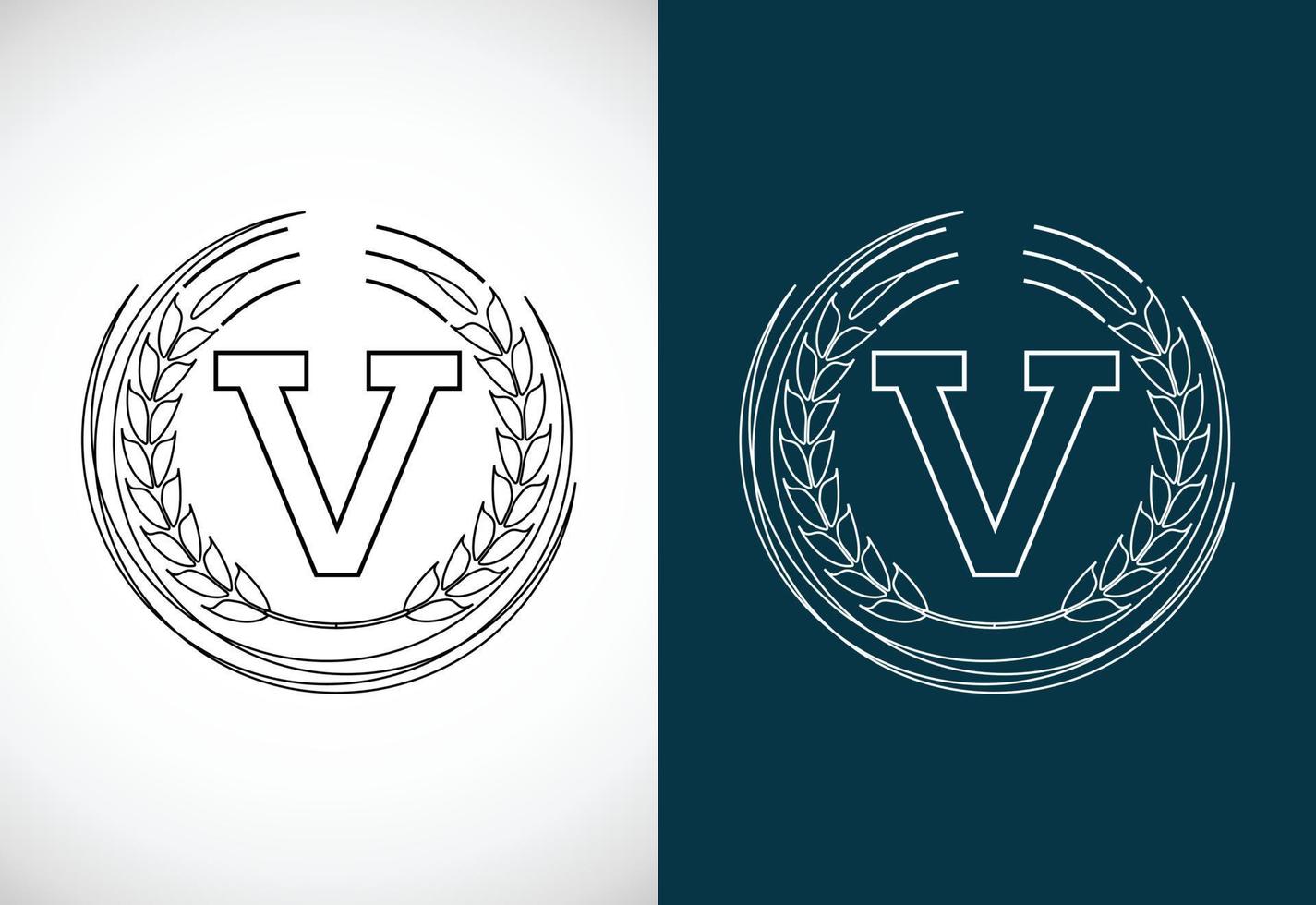 eerste brief v met tarwe lauwerkrans. biologisch tarwe landbouw logo ontwerp concept. landbouw logo. vector